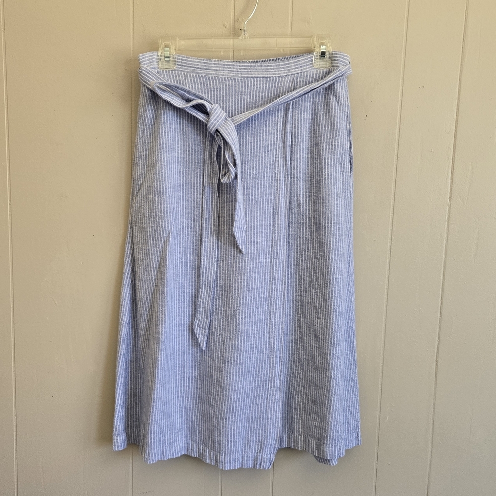 3/$15 BCBGenerations Faux Wrap Skirt Linen Blend Blue White Striped Tie Belt M
